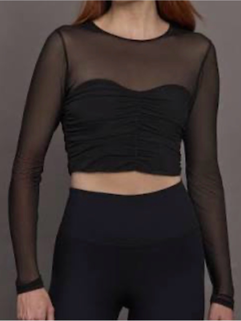 SHEIN Black Ruched Mesh Long Sleeve Crop Top